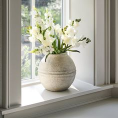 a vase with white flowers sitting on a window sill