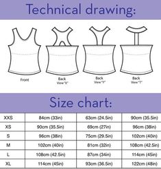 technical drawing size chart for women's tank tops