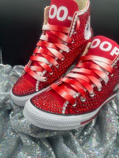 "Our shoes have something to SAY! We specialize in All. Things. Blinged! Any event. Any customization you can think of we can bring to life!  Be sure to let me know which Divine 9 organization you represent along with your shoe color, design, line number, etc. This product is made of CRYSTALS.  If you desire splash of bling with patches and colors, please see our other Custom Converse Listing titled \" Greek'd Up Custom Converse\" and be sure to notate you are wanting the Delta Girl shoe :-) Mes Delta Sigma Theta Apparel, Suits And Sneakers, Bedazzled Shoes, Skee Wee, Delta Girl, Divine 9, Sorority Paddles, Theta Sorority, Delta Sigma Theta Sorority