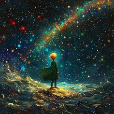 a man standing on top of a wave in the ocean under a star filled sky