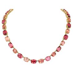 Victorian style Riviere tourmaline necklace with beautiful gem quality red, peach and pink oval stones total weight 64 Carats, set in yellow gold entirely handmade in 18K. This is a modern take on the classic Victorian Riviere necklace.. Necklace can be made in any color gold for a special order. Each stone is handpicked by myself, a gemologist to ensure that each color stone matches the next! Exquisite craftsmanship and detail throughout! Pink Tourmaline Necklace, Riviere Necklace, Victorian Modern, Amethyst Set, Red Peach, Tanzanite Diamond, Fringe Necklace, Tourmaline Necklace, Cabochon Ring