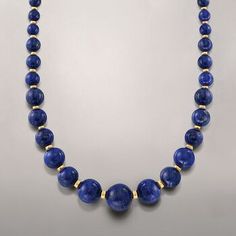 Ross-Simons - 6-18mm Graduated Blue Lapis Bead Necklace, 14kt Yellow Gold . 16". The exceptional beauty, classic design and brilliant color of this blue lapis bead necklace will put you in standout status. Fashioned with 6-18mm beads of graduating size. Includes 14kt yellow gold rondelle spacers and fluted ball clasp. Blue lapis bead necklace. Elegant Blue Necklace With 8mm Beads, Elegant Lapis Lazuli Necklace With Polished Beads, Elegant Blue Necklaces With 8mm Beads, Formal Lapis Lazuli Necklace With Round Beads, Luxury Blue Necklace With Polished Beads, Elegant Round Lapis Lazuli Beaded Necklaces, Elegant Round Beaded Lapis Lazuli Necklace, Elegant Round Lapis Lazuli Beaded Necklace, Formal Lapis Lazuli Beaded Necklace