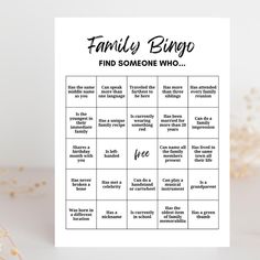 a printable family bingo game with the words,'find someone who'on it