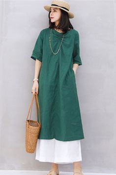 Linen Soft Washed Summer Linen Women Dresses Short Sleeve57292