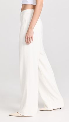 Elegant Fitted Wide Leg Pants With Side Slits, Elegant Trousers With Side Slits, Formal Full-length Bottoms With Side Slits, Elegant Straight Leg Pants With Side Slits, Elegant Wide-leg Pants With Side Slits, White Formal Elastane Pants, White Elastane Pants For Formal Occasions, Elegant Bottoms With Side Slits, Elegant Bottoms With Side Slits And Stretch