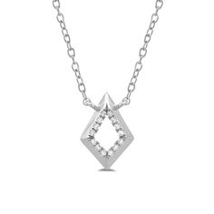 Here is an edgier option for a minimalist diamond necklace. This piece features a geometric pendant in the shape of a diamond. The cut-out silhouette is complemented by a knife-edge profile. Tracing the inner diamond cut-out are round diamond gemstones that deliver a flattering, subtle shimmer. Modern Diamond Cut Necklace In Diamond White, Modern Diamond White Diamond Necklace, Modern Diamond Cut White Diamond Necklace, Modern Diamond Cut Pendant Necklace, Modern Diamond Cut White Necklace, Modern Diamond Cut Necklace, Modern Diamond Necklace With Diamond Cut, Modern Diamond Cut Diamond Necklace As Gift, Modern Single Diamond Necklace In Diamond White