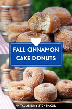 two pictures with the words fall cinnamon cake donuts in front of them and stacked on top of each other