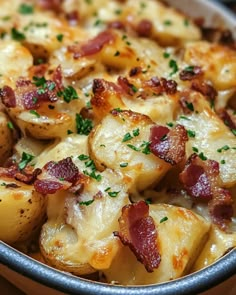 potatoes with bacon and parsley in a blue dish