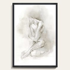 a black and white drawing of a nude woman sitting on the floor with her legs crossed