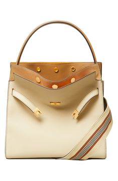 Inspired by and named for late style icon Lee Radziwill, this satchel is a study of contrasts with its mixed leather and soft, yet structured shape. Its multicompartment design can be snapped in different ways or left open, which is meant to conceptually mimic an unfolding outerwear collar. Structured silhouette with flat base for stability Cotton lining Leather Imported Designer Tan Satchel With Removable Pouch, High-end Top Handle Satchel With Leather Lining, High-end Beige Bag With Leather Lining, Cream Top Handle Shoulder Bag With Leather Lining, Beige Top Handle Satchel With Leather Lining, Timeless Cream Bag With Leather Lining, Cream Calf Leather Bag With Leather Lining, Cream Calf Leather Bag With Gold-tone Hardware, Designer Beige Bags With Leather Lining