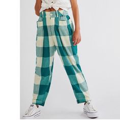 Free People Make A Stand Plaid Trousers Blue Green Aqua And Cream. New Without Tags! ***Color Is Shown In First And Last Photos, All Other Photos Are To Show Style*** Summer Plaid Relaxed Fit Pants, Plaid Relaxed Fit Summer Pants, Summer Relaxed Fit Plaid Pants, Trendy Plaid Bottoms For Day Out, Plaid High Waist Bottoms For Day Out, Trendy Plaid Pants For Summer, Casual Plaid Bottoms For Spring, Blue Tapered Leg Bottoms For Day Out, Plaid Trousers