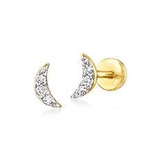 Ross-Simons - Diamond-Accented Moon Flat-Back Stud Earrings in 14kt Yellow Gold. RS Pure. Modern designs that complete your outfit and complement your personality. Bright with diamond accents, our dainty moon stud earrings embody comfort-first fashion. Crafted in 14kt yellow gold, this simple pushpin style features a flat back that won't poke or jab while you're taking a quick nap or getting a full night of beauty sleep. Insert the backing first into a pierced ear, then slide the front post insi 14k Gold Crescent Earrings For Anniversary, Elegant Yellow Gold Moon Earrings, Crescent 14k Yellow Gold Earrings, Moon Stud Earrings, Pierced Ear, Diamond Birthstone, Moon Studs, Gold Sign, Beauty Sleep