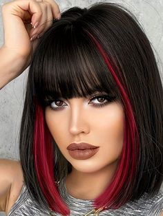 Fashion Black Mixed Red Bob Bangs Short Hair 12 Inch Women's Party Wig Synthetic Natural Appearance Daily Party Wig Multicolor    High Temperature Fiber  Bangs Wig   Wigs & Accs, size features are:Bust: ,Length: ,Sleeve Length: Body Wave Weave, Curling Straight Hair, Short Bangs, Lob Haircut, 짧은 머리, Short Bob Wigs, Short Hair With Bangs, Wigs With Bangs, Bob Wigs