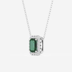 6.7x4.69 mm Created Emerald and 1/5 ctw Round Lab Grown Diamond Halo Pendant with Adjustable Chain Platinum Emerald Cut Platinum Jewelry With Pave Setting, Radiant Cut Diamond Jewelry For May Birthstone, Emerald Cut Halo Setting Fine Jewelry Necklaces, Emerald Cut Halo Setting Fine Jewelry Necklace, White Gold Baguette Cut Jewelry For May Birthstone, Fine Jewelry Emerald Cut Necklace With Halo Setting, Classic Jewelry With Pave Setting For May Birthstone, Formal Jewelry With Pave Setting For May Birthstone, Diamond Jewelry With Pave Setting For May Birthstone