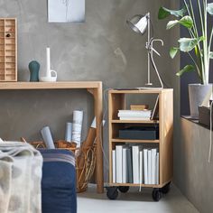 a living room with a couch, table and bookshelf