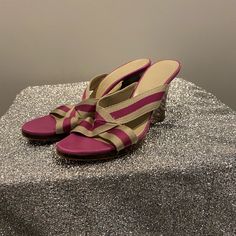 Lovely Gucci Low Purple And Tan Sandal Wooden Wedges. A Little Scuffing On Back Of The Left Shoe Gucci Leather Heels For Spring, Gucci Brown Summer Heels, Brown Gucci Heels For Summer, Gucci Beige High Heels, Pink Gucci Heels For Summer, Summer Pink Gucci Heels, Elegant Gucci Beige Sandals, Spring Pink Gucci Heels, Gucci Beige Leather Heels