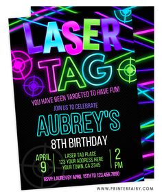 laser tag birthday party card with neon lights on the back and black paper in front