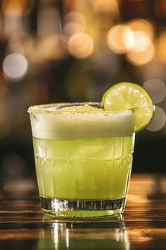 a green drink with a lime slice on the rim