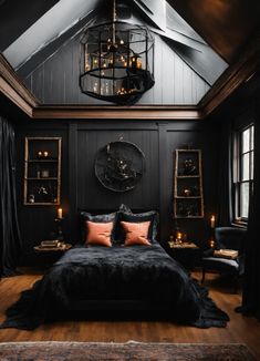 a bedroom with black walls, wooden floors and a chandelier hanging from the ceiling