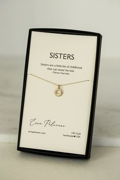 Sisters Necklace The bond of Sisters.  This option pairs a mini moon or mini heart charm, packaged on Sisters carded box. Necklace Photos showcase selections. With its fine feminine details carefully crafted in bright Sterling Silver or rich 14k Gold, each necklace option features delicately beaded edges and timeless designs. Easy to wear and much loved gifts, she's ready to become a new favorite everyday treasure. Proudly made in the USA. Looking for a unique combination of Jewelry and Packagin Gold Necklace In Gift Box For Birthday, Gold Necklace For Birthday With Gift Box, Gold Jewelry Gift Wrapped For Birthday, Gold Jewelry Birthday Gift Wrapped, Gold Jewelry With Gift Packaging, Gold Jewelry With Message Card For Mother's Day, Mother's Day Gold Necklace With Message Card, Gold Birthstone Necklace For Best Friend, Gold Jewelry With Message Card For Birthday