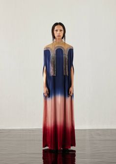 Arch Gradient Kaftan | NOT JUST A LABEL Satin Kaftan, Kaftan Sleeves, Kaftan Pattern, Kaftan For Women, Textured Yarn, Design School, Blue Gradient, It Goes On, Necklines For Dresses