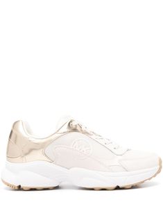 white/beige/gold-tone calf leather suede and micro-mesh panels logo-embroidered tongue appliqué logo to the side metallic heel counter front lace-up fastening round toe branded insole segmented rubber sole White Lace-up Sneakers With Logo Plaque, Gold Low-top Sneakers With Contrast Sole, Gold Leather Low-top Sneakers, Gold Low-top Modern Sneakers, Gold Modern Low-top Sneakers, Modern Gold Low-top Sneakers, Sporty Lace-up Sneakers With Logo Plaque, Gold Low-top Sneakers With Metallic Logo, White Lace-up Sneakers With Metallic Logo