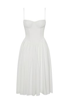 Introducing our Ballerina Bustier Midi Dress - a classic, feminine dress option for any occasion. From brunch parties to evening events, this white midi dress is complimented with wire bustier cups that skim down to a tight fit that cinches at the waistline. The skirt silhouette features a gathered detail that falls to a midi length making it an elegant dress meant to last in your wardrobe forever.&nbsp; Chic Midi Dress With Sweetheart Neckline And Built-in Bra, Chic White Dress With Built-in Bra, Elegant Fitted Midi Dress With Built-in Bra, Corset Dress With Sweetheart Neckline And Built-in Bra, Elegant Knee-length Dress With Built-in Bra, Elegant Dresses With Built-in Bra For Daywear, Elegant Evening Midi Dress With Built-in Bra, Chic Dress With Spaghetti Straps And Bust Darts, Elegant Midi Dress With Built-in Bra