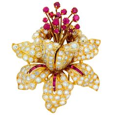 Magnificent and sensual jeweled orchid created by amazing French jeweler Rene Boivin whose pieces are collectable and highly sought after. Stamen part of the flower trembles when the wearer moves. The brooch is a masterpiece of jewelry art and will be a highlight of most exquisite collection. The quality of the workmanship is exceptional - the piece deserves to be exhibited in the best art museums. The brooch comes with a certificate of authenticity signed by Francoise Cailles, a reputable Frenc Orchid Jewelry, Bijoux Art Deco, Antique Brooches, Diamond Brooch, Gold Brooches, Floral Jewellery, Gems Jewelry, Flower Brooch, Spring Wedding