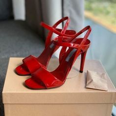 Brand New Prada Shoes Made In Italy Stiletto Heel 4.3” Size 36.5 Leather Sole And Rubber Heel Layer Red Patent Leather Come With Box, Two Dust Bags, Extra Heels Extra Heels, Prada Red, Prada Shoes, Rubber Heels, Stiletto Heel, Sling Backs, Shoes Women Heels, Patent Leather, Stiletto Heels