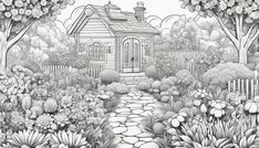 a black and white drawing of a house in the woods with trees, flowers and rocks