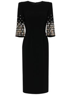 black crystal embellishment round neck concealed rear zip fastening shoulder pads half-length sleeves fitted waistline mid-length straight hem Sari Outfits, Black Midi Dresses, Oscar Fashion, Business Attire Women, Embellished Midi Dress, Formal Occasion Dress, Valentino Red, Cocktail Gowns, Black Party Dresses