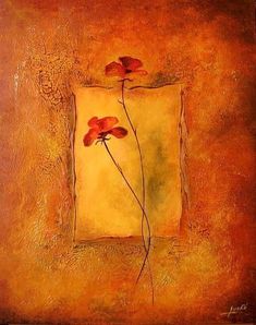 a painting of red flowers in a square frame on an orange background with brown and yellow tones