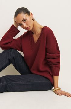 A blend of recycled cashmere and virgin cashmere adds a luxuriously soft feel to this oversized, layerable V-neck sweater trimmed with cozy ribbing. 24 1/2" length V-neck Long sleeves Ribbed cuffs and hem 95% recycled cashmere, 5% cashmere Dry clean Imported Copenhagen Street Style, Work Wear Outfits, Wardrobe Wishlist, Copenhagen Fashion Week, Cashmere Blend Sweater, Street Style Trends, Vintage Inspired Dresses, Cashmere Wool, Fashion Week Street Style