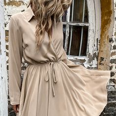 Fashion Solid Color Lapel Tie Waist Pleated Casual Dress Khaki-22SD-JK9187-S Vintage Mini Dresses, Khaki Dress, Ruffle Mini Dress, Tie Dress, Spring Summer Outfits, Pleated Dress, Cut And Style, Eos, Dresses Online