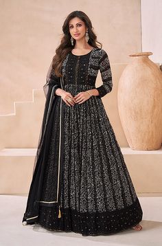 Black Designer Embroidered Pure Georgette Party Wear Gown-Saira's Boutique Anarkali Lehenga Gowns, Sequins Gown, Georgette Gown, Gown With Dupatta, Embroidered Anarkali, Party Wear Gown, Lehenga Style, Anarkali Gown, Party Wear Lehenga