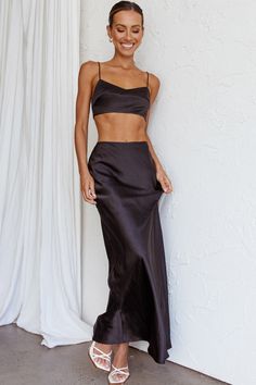 Shop the The Moment Satin Maxi Skirt Black | Selfie Leslie Black Selfie, Black Satin Skirt, Clear Mules, 18th Bday, Selfie Leslie, Satin Maxi Skirt, Yellow Bridesmaid Dresses, Purple Bridesmaids, Yellow Bridesmaids