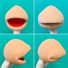 four images of different stages of making a puppet head with hands and fingers, including the mouth