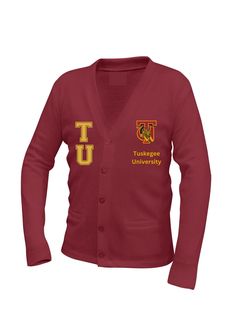 "Please note: We are currently on vacation. Orders received after April 20, 2024, will be processed upon our return on June 15, 2024. Thank you for your understanding! Whether you're on campus or around the town, the Tuskegee University Cardigan is an absolute must-have. It's the perfect way to show your love for your college and to support an HBCU. And don't forget - each cardigan is custom-made to order, so you know you're getting a piece that's made just for you. Get yours today and show ever Tuskegee University Apparel, Collegiate Long Sleeve Cardigan For College, Collegiate Cardigan For College In Fall, Collegiate Long Sleeve Cotton Cardigan, Collegiate Cotton Long Sleeve Cardigan, Collegiate Fall Cardigan For College, Fall Collegiate Style College Cardigan, Collegiate Style Cardigan For Fall College Season, Long Sleeve Collegiate Cardigan For College