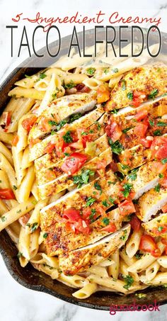 a pan filled with chicken and tomato pasta