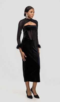 Look and feel beautiful in this velvet corset maxi dress. Crafted from a luxurious black velvet fabric. this dress features a corset bodice for a figure-hugging fit and a long skirt for a dramatic look. Enjoy a night of luxury and sophistication in this gorgeous maxi dress. WHERE TO WEAR:Romantic date nights. champagne bars. black tie events. glam functions. Dress Length: Approx 128cm Materials: Standard Heavy Stretch Velvet. Power Mesh. Feather Trim. Stretch Woven. Stretch SatinGentle Dry Clean Velvet Corset Dress For Costume Party, Black Midi Dress With Corset Back For Night Out, Fitted Velvet Midi Evening Dress, Evening Velvet Midi Dress, Black Midi Corset Dress With Boned Bodice, Fitted Velvet Dress For Costume Party, Black Velvet Midi Dress For Party, Cocktail Velvet Midi Dress, Black Velvet Maxi Dress For Night Out