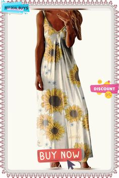 New Women's Large Dress Loose Casual Dresses Long Sleeve Long White Dress, Spring Beach Dress With Sunflower Print, Casual Sunflower Print Spring Dress, Summer Beach Dress With Sunflower Print, Sleeveless Sundress With Sunflower Print For Spring, Casual Sunflower Print Beach Dress, Long Black Dress Wedding, Sunflower Dresses, Everyday Dresses Casual