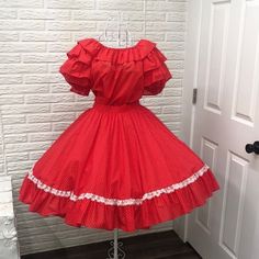 Cutest 3 Piece Vintage Set . Square Dancing Set . Red Polka Dotted With Ruffles & Som Lace . Blouse Is Off The Shoulder . Super Cute & Fun Especially For A Dancing Event ! Great Condition Petticoat 11”-20” Waist Skirt 15” Waist With Stretch Blouse 20” Armpit To Armpit . Size Tag Attached On These Clothes May Be Incorrect !! Square Dance Dresses, Flamenco Dress, Square Dancing, Red Polka Dot, Dance Dresses, Lace Blouse, Xl Dress, Petticoat, Size Tag