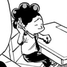 a black and white drawing of a person sitting at a desk with headphones on