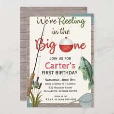 a fishing birthday party with an image of a fish on the hook and fishing rod