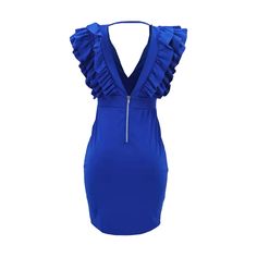 Blue Ruffle V Neckline Split Bodycon Dress Ruffled Sheath Mini Dress For Night Out, Sheath Mini Dress With Ruffles For Night Out, Ruffled Sheath Bodycon Dress For Night Out, Spring Blue Bodycon Dress With Ruffles, Blue Bodycon Dress With Ruffles For Spring, Blue Ruffled Bodycon Dress For Party, Blue Ruffled Bodycon Mini Dress, Blue Ruffled Midi Dress For Night Out, Blue Ruffled Bodycon Party Dress