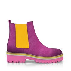 Strong Sole Ankle Boots 40613 | Girotti Yellow Leather Boots With Lug Sole, Pink Leather Boots With Lug Sole, Pink Suede Boots With Round Toe, Pink Leather Platform Boots, Purple Boot, Colorful Closet, Painted Boots, Bold Shoes, Purple Boots