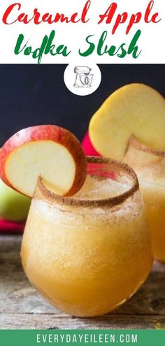 caramel apple yogurt slush recipe with apples in the background and text overlay that says caramel apple yogurt slush