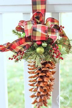 a pine cone and plaid bow hang on the front door