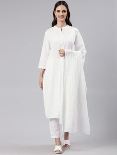 Women Pure Cotton Kurta with Trousers & With Dupatta Product Details: White solid Kurta with Trousers with dupatta Kurta design: Solid  Straight shape Regular style Mandarin collar, three-quarter regular sleeves 1 pockets Calf length length with straight hem Pure cotton machine weave fabric Trousers design: Solid Trousers Partially elasticated waistband Slip-on closure Size & Fit The model (height 5'8) is wearing a size M Dupatta: 2.25 mtrs x 1 mtrs (Length x Width) Top: 38 at the Bust Top Lengt Traditional Semi-stitched Pant Set With Sheer Dupatta, Traditional Pant Set With Sheer Dupatta For Eid, Traditional Pant Set With Sheer Dupatta For Diwali, Traditional Pant Set With Sheer Dupatta, Traditional Pant Set With Sheer Dupatta And Traditional Drape, Traditional Pant Set With Sheer Dupatta And Drape, Cotton Pant Set With Straight Kurta For Wedding, Cotton Anarkali Pant Set For Wedding, Elegant Cotton Salwar Kameez For Navratri