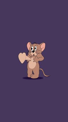 a cartoon mouse holding a heart on a purple background